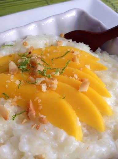Coconut White Chocolate Rice Pudding with Fresh Lime, Mango, and Toasted Macadamia Nuts